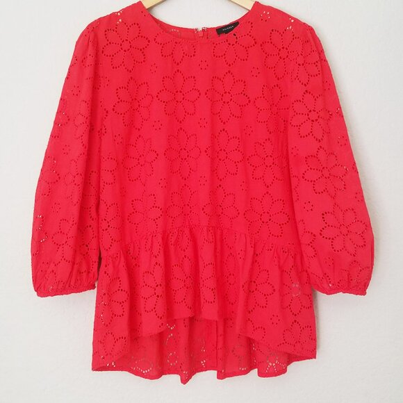 Halogen Women's M 3/4 Sleeve Eyelet Floral Peplum Blouse In Red Poinsettia $69 - Picture 1 of 16